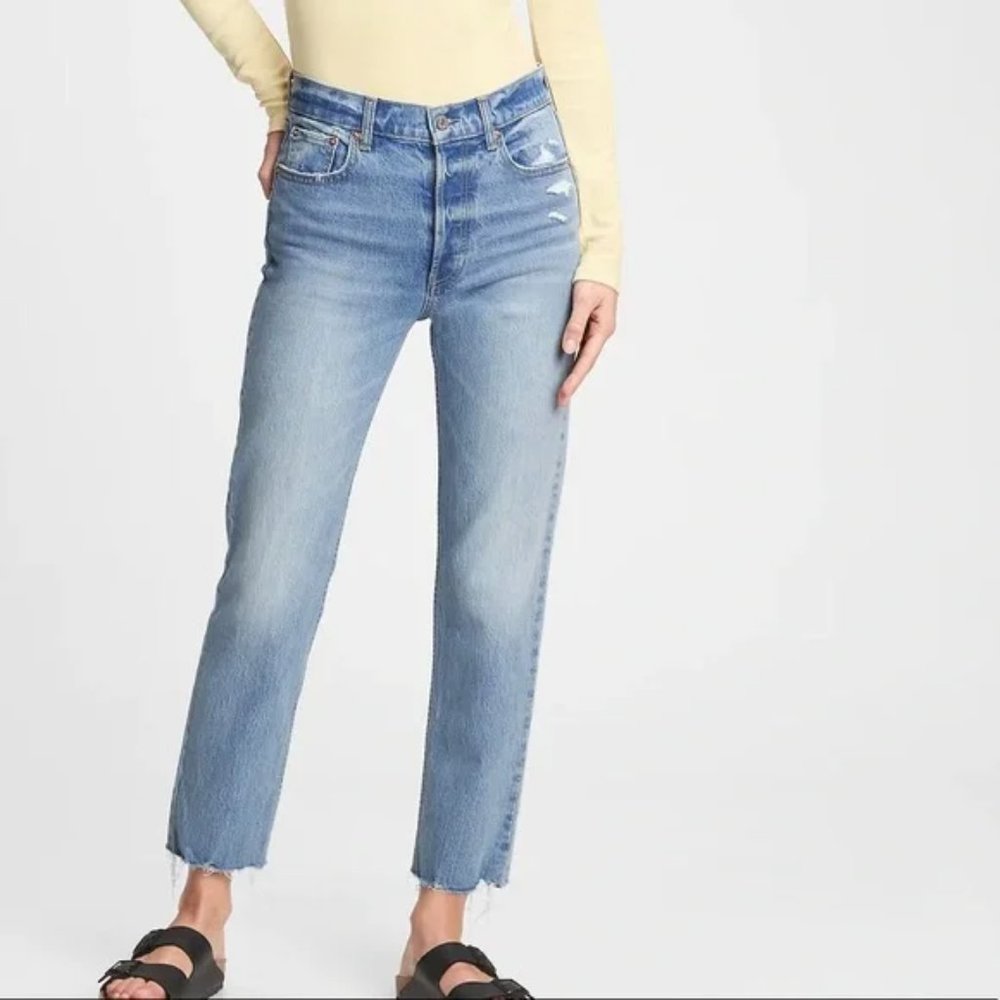 GAP 12 Tall Cheeky Straight High Rise Jeans Button Fly Light Blue Wash Denim